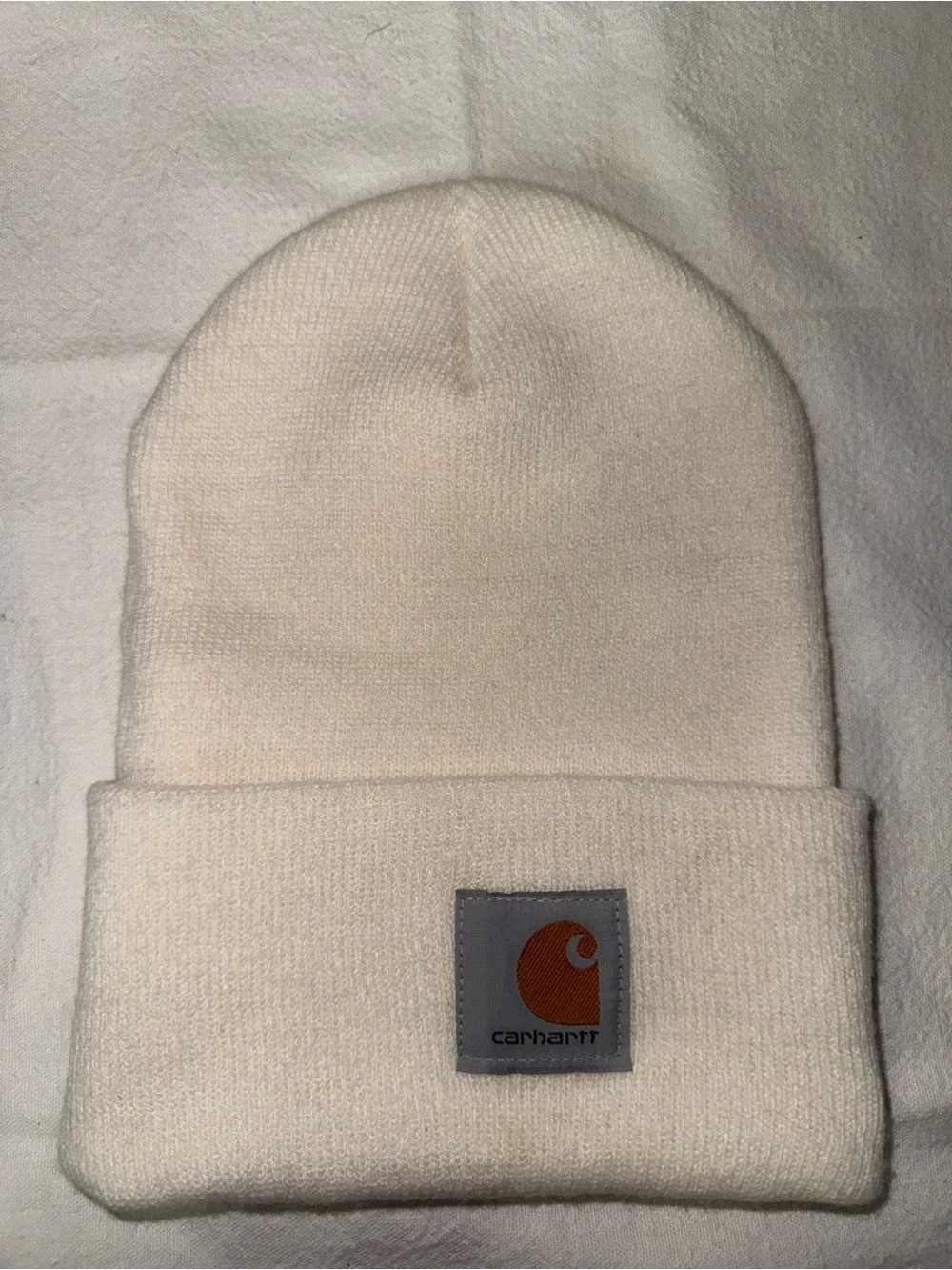 Carhartt Knit Beanie in Cream with Orange Logo Patch